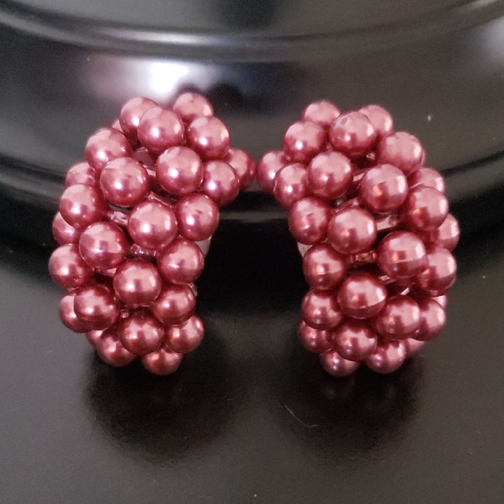 Chunky Rose Burgundy Beaded Cluster Lightweight Clip-On Earrings
